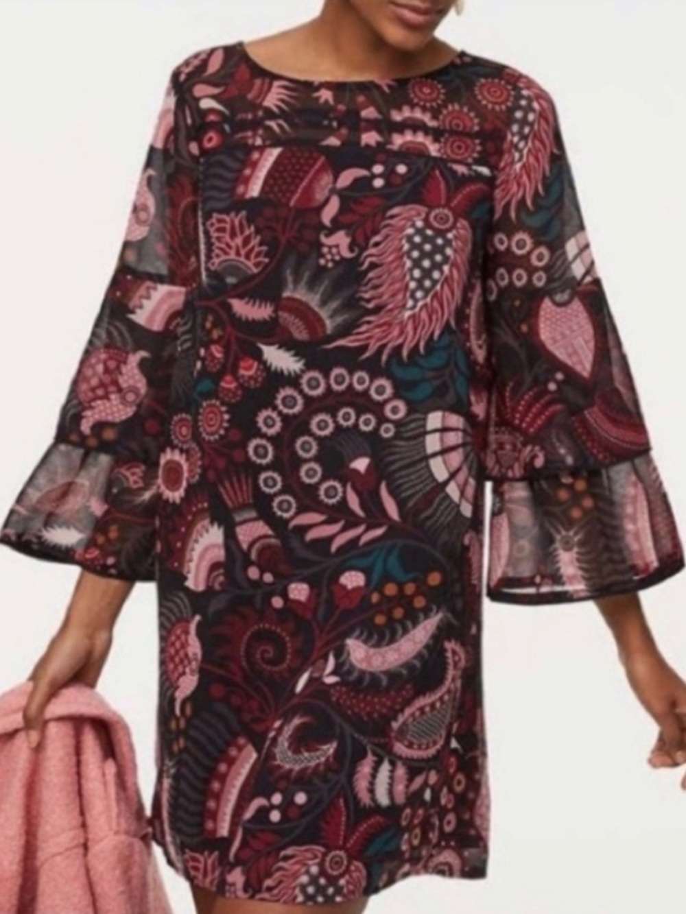 LOFT Petite Black Floral Paisley Chiffon Tunic with Pink and Green Accents